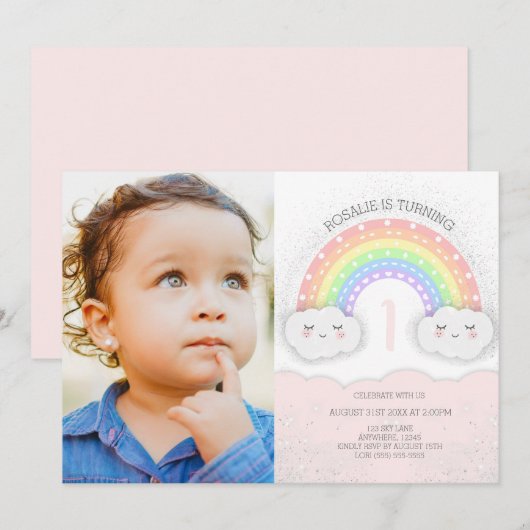 Invitation Kawaii Rainbow & Clouds Girl Birthday Photo (Devant / Derrière)