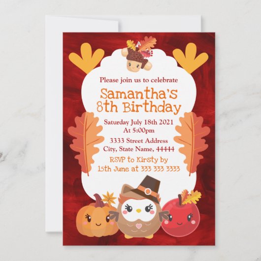 Invitation Kawaii Thanksgiving Owl Citrouille Apple Anniversa (Devant)