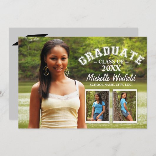 Invitation Keepsaké 3 Photo Modern Text Overlay Graduation (Devant / Derrière)