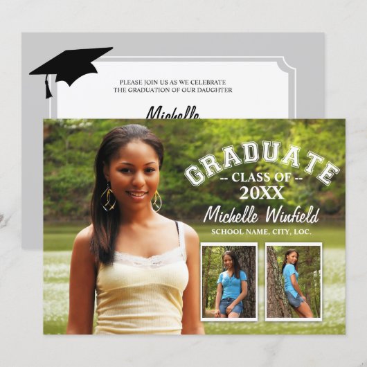 Invitation Keepsaké 3 Photo Modern Text Overlay Graduation (Devant / Derrière)