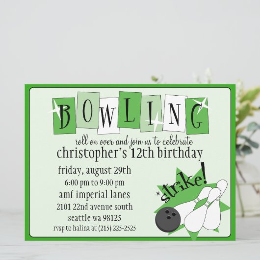 Invitation Kelly Green Bowling Totalement Rétro Fête d'annive (Debout devant)