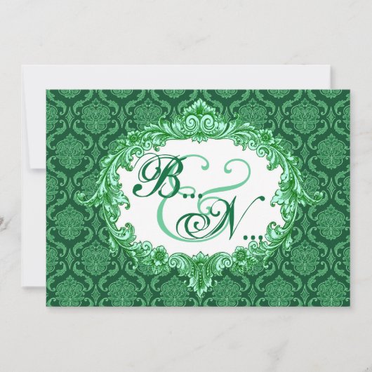 Invitation Kelly Green Damask Monogramme Mariage Modèle (Devant)