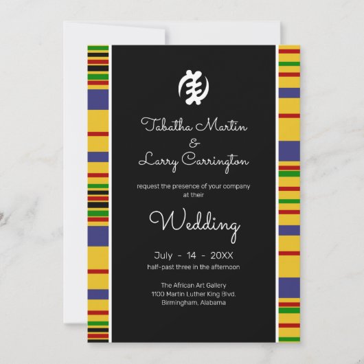 Invitation Kente Stripes, Gye Nyame, Mariage noir blanc (Devant)