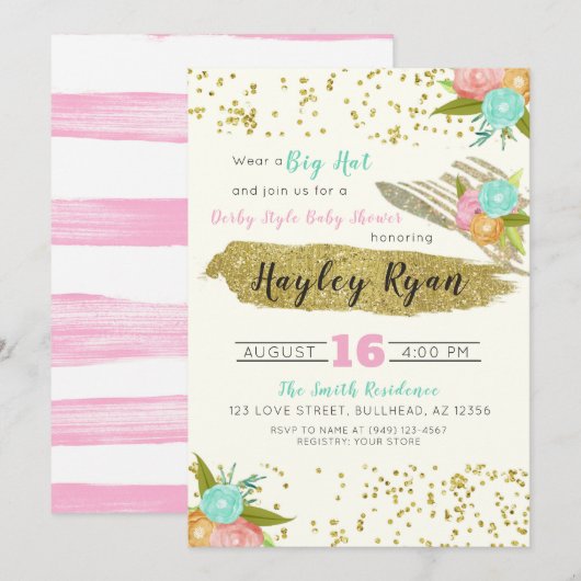Invitation Kentucky Derby Grand Casquette Baby shower rose et (Devant / Derrière)