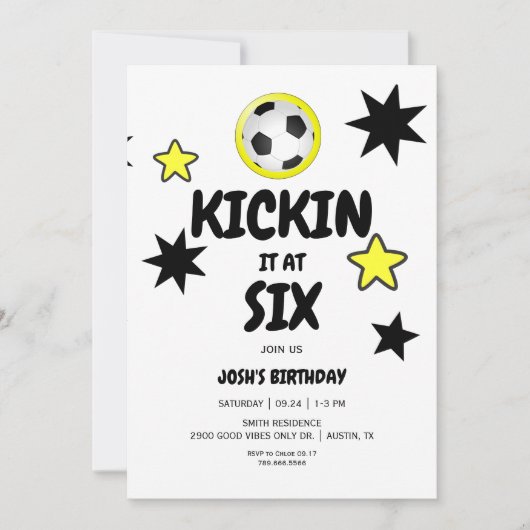 Invitation Kickin it at Six 6th Soccer Birthday Party (Devant)