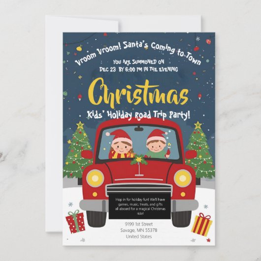 Invitation Kids Christmas Road Trip Car Holiday Party Card (Devant)