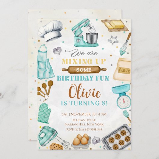 Invitation Kids Cooking Birthday, Kitchen Baking Chef (Devant / Derrière)