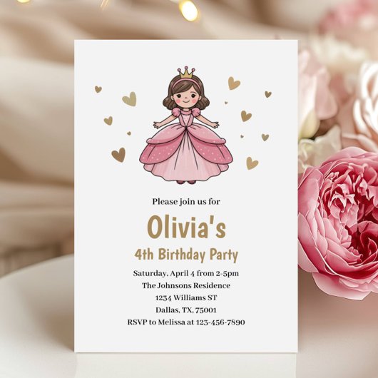 Invitation Kids Cute Gold Pink Princess Birthday