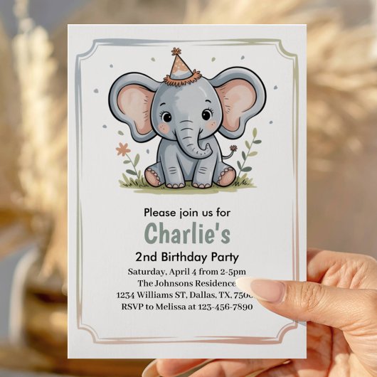 Invitation Kids Cute Green Elephant 2nd Birthday Party
