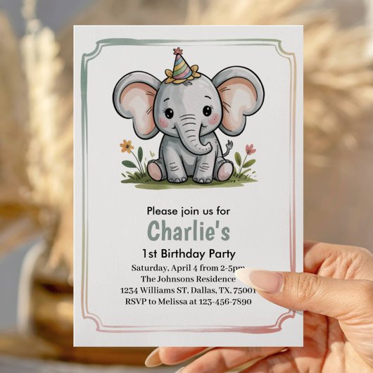 Invitation Kids Cute Green Elephant Birthday Party