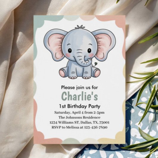 Invitation Kids Cute Green Elephant Birthday Party