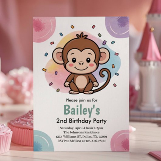 Invitation Kids Cute Monkey Jungle Birthday Party