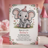 Invitation Kids Cute Pink Elephant 2nd Birthday Party