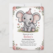 Invitation Kids Cute Pink Elephant 2nd Birthday Party (Devant)