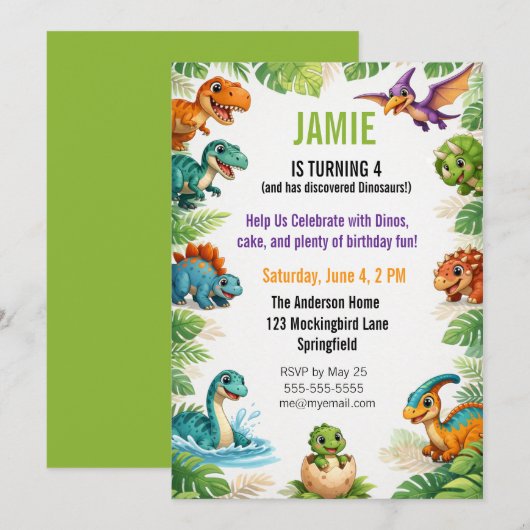 Invitation Kids Dinosaur Themed Birthday (Devant / Derrière)