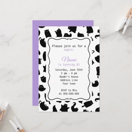 Invitation Kid's Gothic Cat Birthday Party (Devant/Arrière en situation)