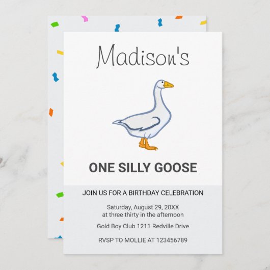 Invitation Kids One Silly Goose First Birthday (Devant / Derrière)