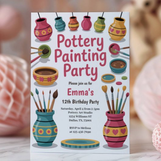 Invitation Kids Watercolor Pottery Painting Birthday Party