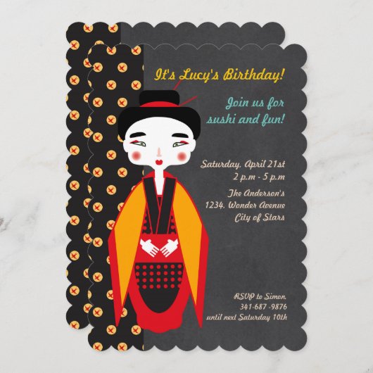 Invitation Kimono Fille fête d'anniversaire (Devant / Derrière)