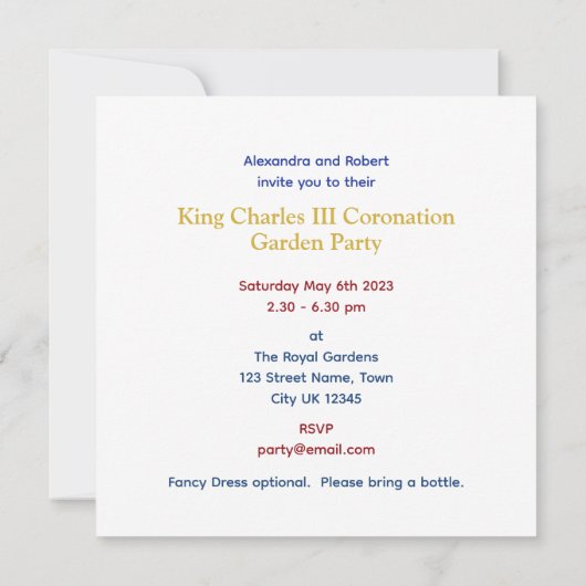 Invitation King Charles III Coronation Fun Parti Customisé (Dos)