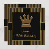 Invitation King Crown Mans Black Gold fête d'anniversaire (Devant / Derrière)