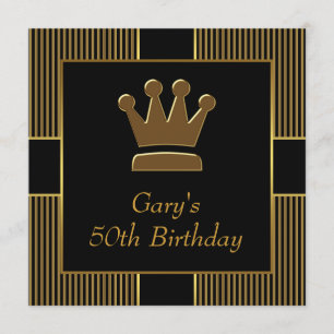 Invitation King Crown Mans Black Gold fête d'anniversaire