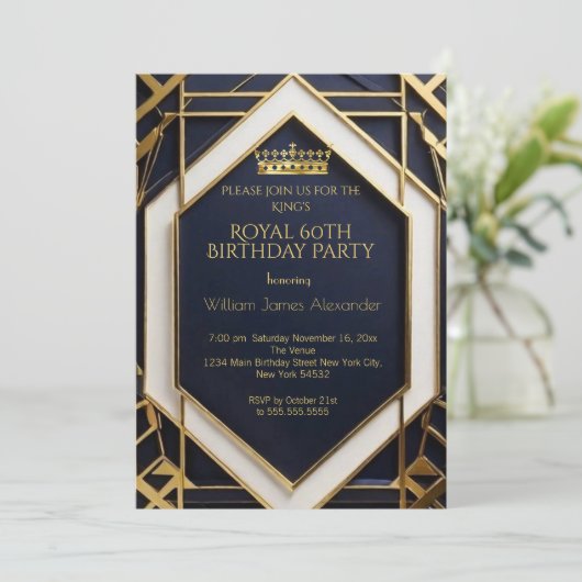 Invitation King Mans 60e fête d'anniversaire Couronne or bleu (Debout devant)