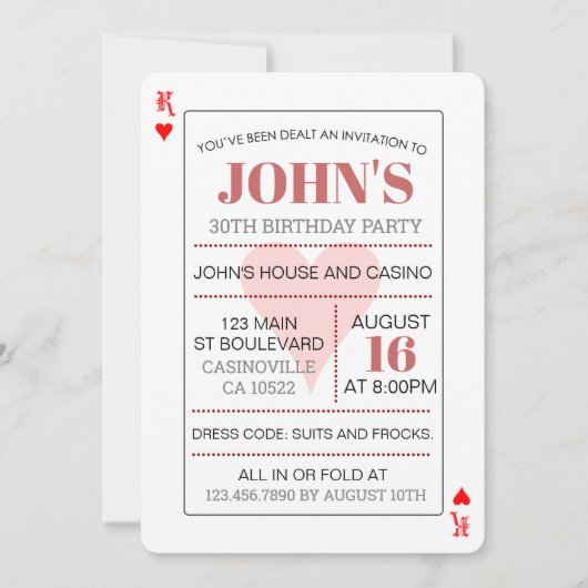 Invitation King of Hearts Casino Playing Cards (Devant)