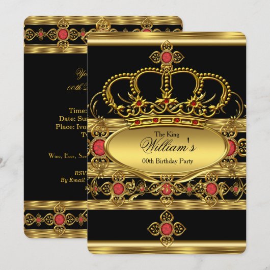 Invitation King Prince Royal Gold Red Crown fête d'anniversai (Devant / Derrière)
