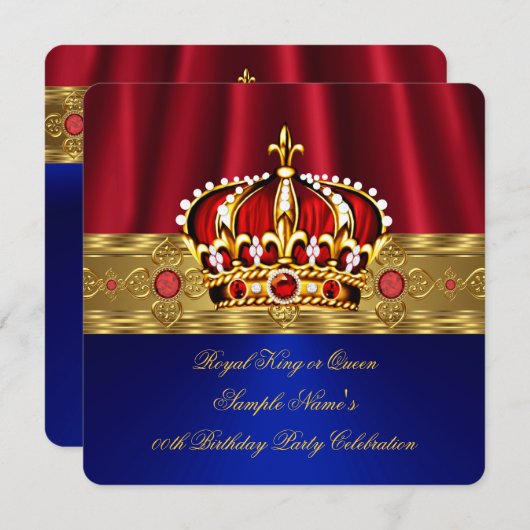 Invitation King Queen Red Crown Royal Blue Gold Anniversaire (Devant / Derrière)