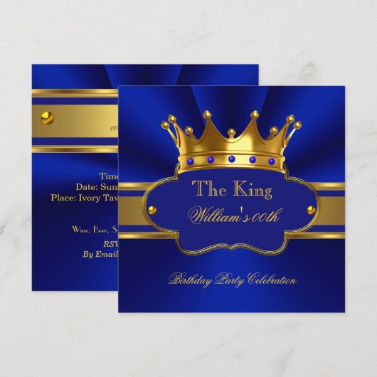 Invitation King Royal Blue Gold Fête d'anniversaire Mens Mans (Devant / Derrière)