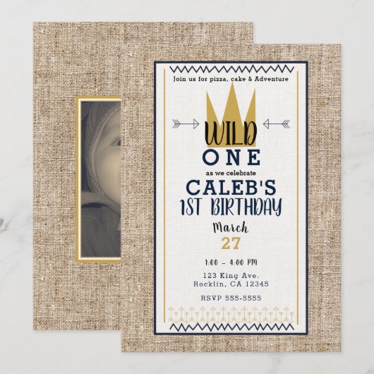Invitation King Wild ONE Thème Gold Crown 1st Party Photo (Devant / Derrière)