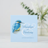 Invitation Kingfisher oiseau bleu et blanc carré mariage (Debout devant)