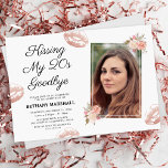 Invitation Kissing My 20s Goodbye 30th Birthday Party<br><div class="desc">Élégantes invitations à la fête du 30e anniversaire avec un simple arrière - plan blanc, une photo de la fille d'anniversaire, le dicton drôle "baiser mes 20 adieux", des flores rustiques aquarelles, des marques de rouge à lèvres en faux rose chatoyant et un modèle de texte éditable et facile à...</div>