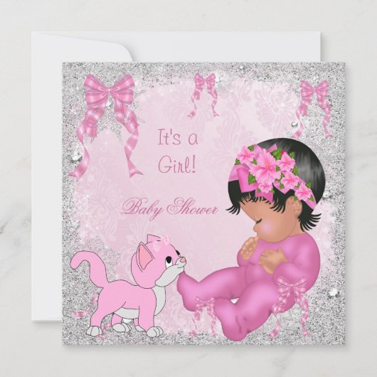 Invitation Kit bébé Shower Fille Rose Chaton Afro-Américain (Devant)