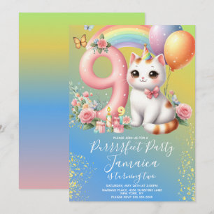 Invitation Kit de fête d'anniversaire arc-en-ciel pour chaton