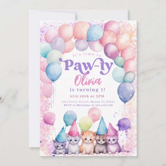 Invitation Kit de fête d'anniversaire pour chaton fille (Devant)