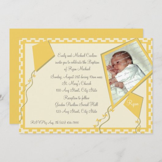 Invitation Kites Jaunes Photo/ Baptême (Devant / Derrière)