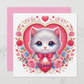 Invitation Kitten avec Bow rouge avec Coeurs floraux romantiq (Devant / Derrière)