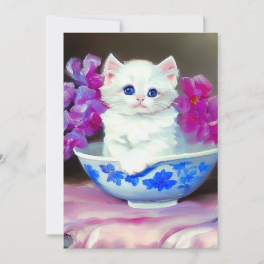 Invitation Kitten blanc vintage aux fleurs roses (Devant)