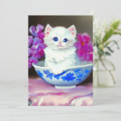 Invitation Kitten blanc vintage aux fleurs roses (Debout devant)
