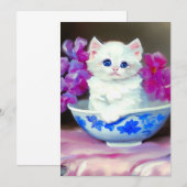 Invitation Kitten blanc vintage aux fleurs roses (Devant / Derrière)