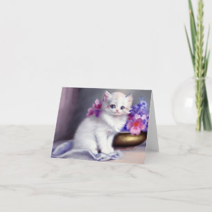 Invitation Kitten blanc vintage aux fleurs roses et violettes