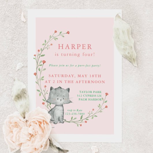 Invitation Kitten Blush Floral fête d'anniversaire