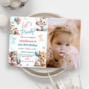 Invitation Kitten Cat Let's Pawty 1er Anniversaire Photo