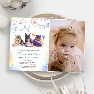 Invitation Kitten Cat Let's Pawty 1er Anniversaire Photo