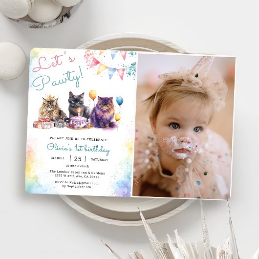 Invitation Kitten Cat Let's Pawty 1er Anniversaire Photo