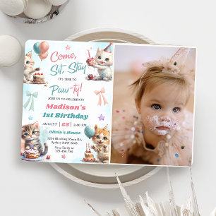 Invitation Kitten Cat Let's Pawty 1er Anniversaire Photo