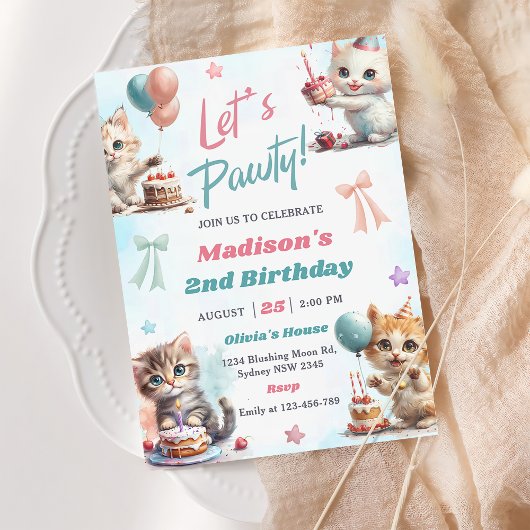 Invitation Kitten Cat Let's Pawty 2e fête d'anniversaire