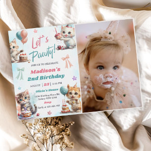 Invitation Kitten Cat Let's Pawty 2nd Birthday Party Photo